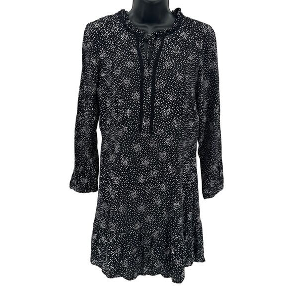 LOFT Short Dress WMNS 6P Shift Black White Dotted Floral Ruffle Hem Tie Neck - Picture 1 of 6